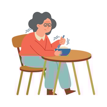 An elderly woman sitting at a table with a bowl of soup vector