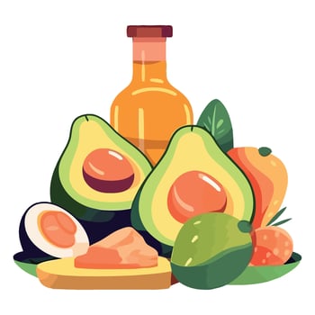 Avocado, salmon, and other foods are on a plate vector