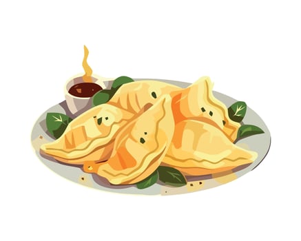 A plate with dumplings and sauce on it vector