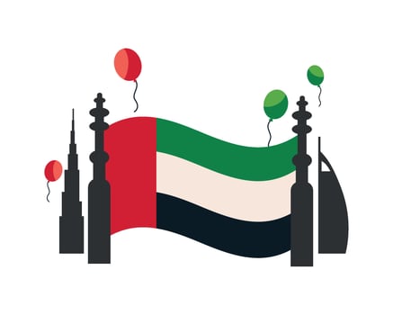United arab emirates flag with balloons and buildings vector