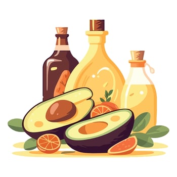 Avocado oil, olive oil, orange juice and other ingredients vector