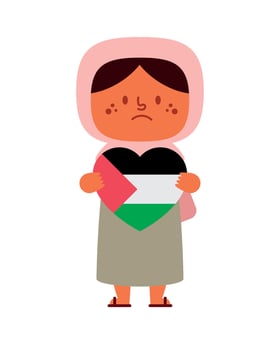 A cartoon girl holding a heart with the flag of palestine vector