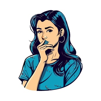 A woman with her hand on her mouth and a blue shirt vector