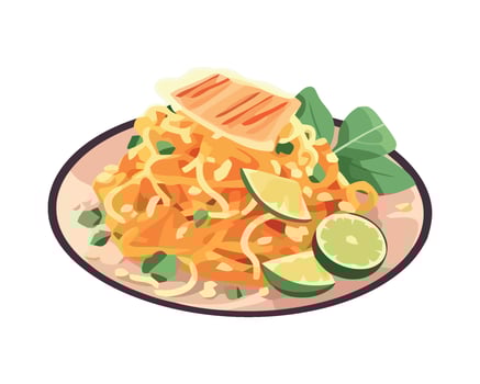 Thai noodles with vegetables and lime slices on a plate vector