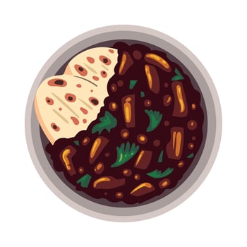 A bowl of black beans and bread with a slice of bread vector
