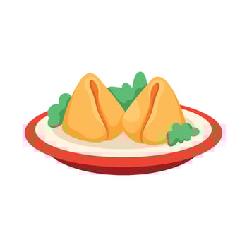 Two fried dumplings on a plate with green leaves vector