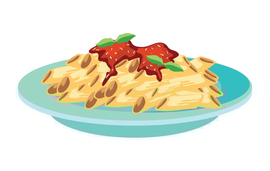 Pasta with tomato sauce and basil on a plate vector