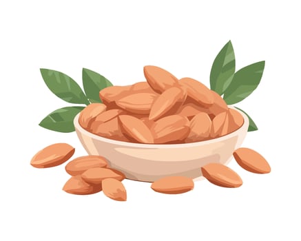 Almonds in a bowl with leaves illustration vector