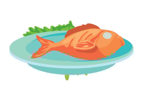 Fish on plate with lettuce and vegetables illustration vector