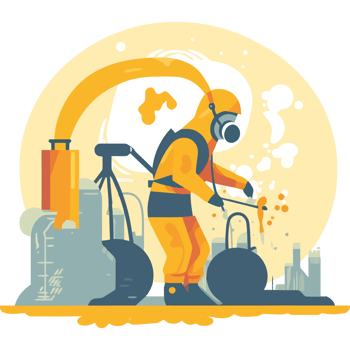 A man in a gas mask is working on a factory png
