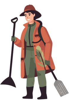 A woman in an orange coat and hat holding a shovel png