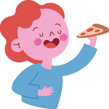 A cartoon boy holding up a slice of pizza png