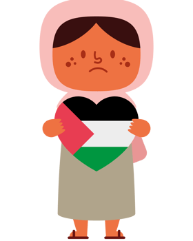 A cartoon girl holding a heart with the flag of palestine png