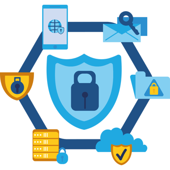 A blue shield with a lock, phone, and other devices png