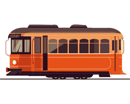 An orange trolley car is shown on a black background png