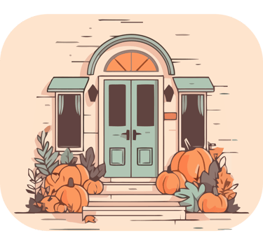 A cartoon house with pumpkins and a door png