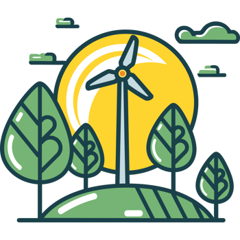 Wind turbine on a hill with trees and a sun png
