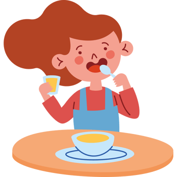 A girl eating a bowl of cereal and drinking a cup of milk png