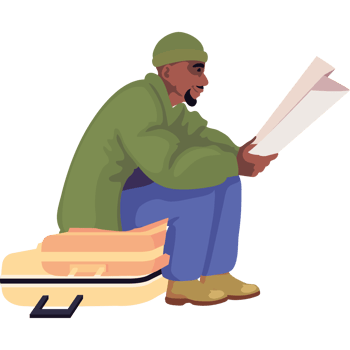 Man sitting on luggage holding a map png
