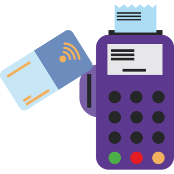 A purple credit card reader with a credit card png