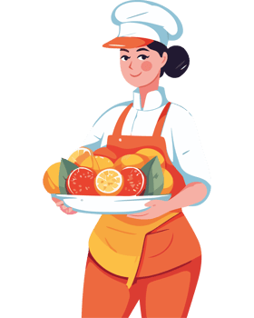 A woman in an apron holding a plate of fruit png