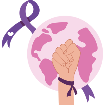 A hand holding a purple ribbon around the earth png