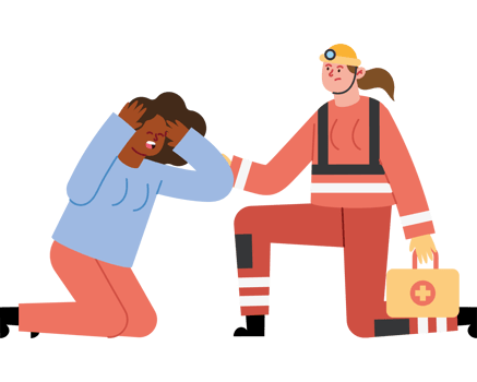 An illustration of a woman in a red shirt and pants kneeling down next to a man in a png