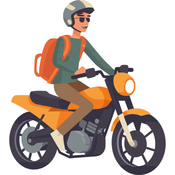 A man riding a motorcycle with a backpack png