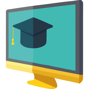 A computer monitor with a graduation cap on it png