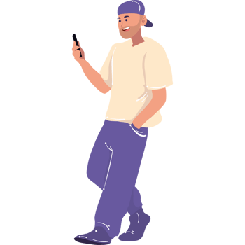 A man in a baseball cap and purple pants is holding a cell phone png
