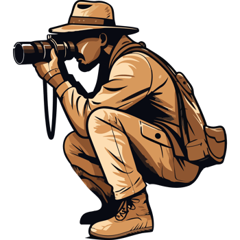 A man in a hat and hat crouches down with a camera png