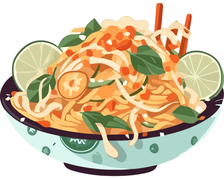 A bowl of noodles with lime slices and herbs png
