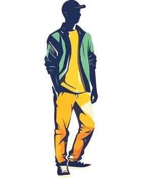 A man in a jacket and pants standing in front of a black background png