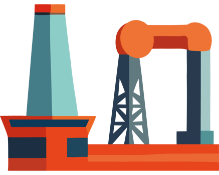 An orange and blue building with a crane png