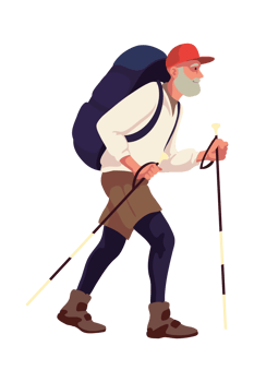 An illustration of a man with a backpack and walking sticks png