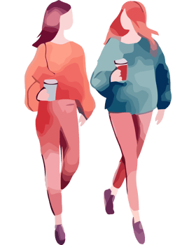 Two women walking with coffee png
