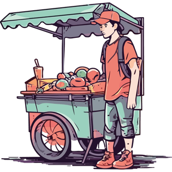 A man standing next to a cart with fruit png