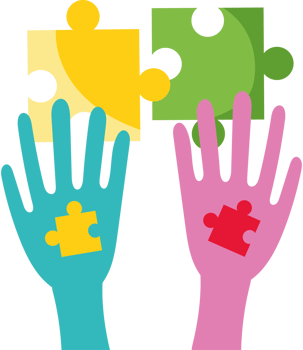 Two hands holding a puzzle piece with a colorful piece png