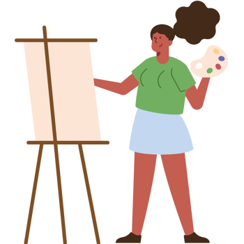 A woman holding a palette and paintbrush in front of an easel png