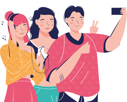 Three people taking a selfie with their phones png