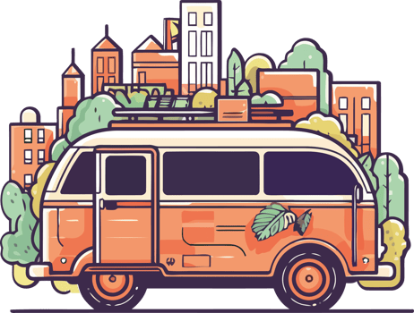 An orange van with a city skyline in the background png