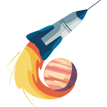 An illustration of a rocket flying over a planet png