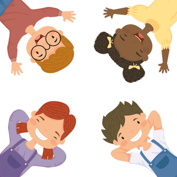 Four children lying on their stomachs, one with glasses and one with glasses png