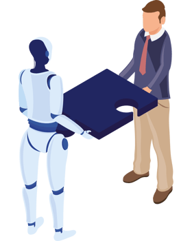 A robot holding a piece of paper with a man standing next to it png