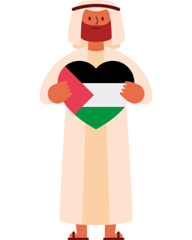 A cartoon man holding a heart with the flag of palestine png