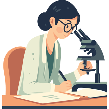 A woman in a lab coat is looking at a microscope png