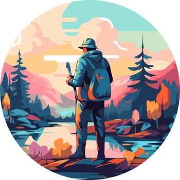A man in a backpack stands in front of a lake png