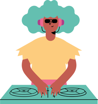 An illustration of a woman with headphones and turntables png
