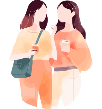 Two women holding coffee and talking png