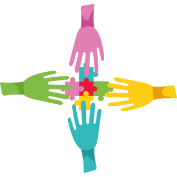 Colorful hands holding puzzle pieces together png
